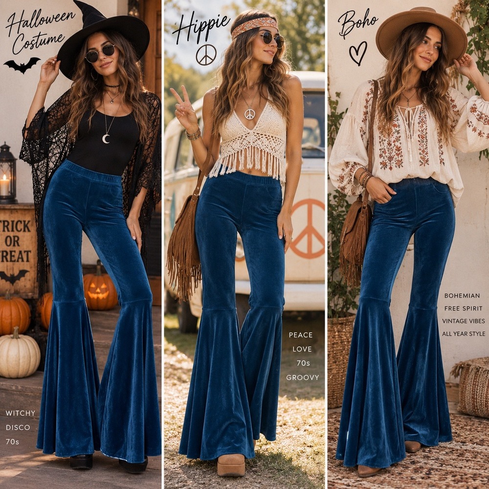 Womens Velour Bell Bottom Pants S Teal Blue Flare Tall Retro Statement 70s Boho - Picture 2 of 11